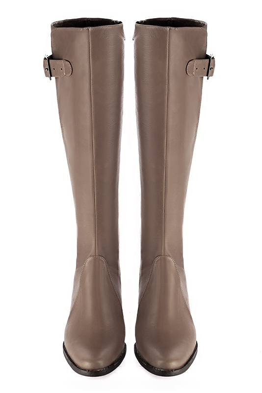 Bronze beige women's knee-high boots with buckles. Round toe. Low leather soles. Made to measure. Top view - Florence KOOIJMAN